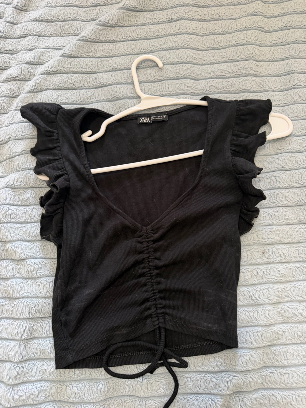 Zara Black Ruched V-Neck Crop Top with Ruffle Sleeves